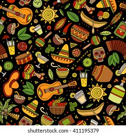 Cartoon Hand-drawn Latin American, Mexican Seamless Pattern. Lots Of Symbols, Objects And Elements. Perfect Funny Vector Background.