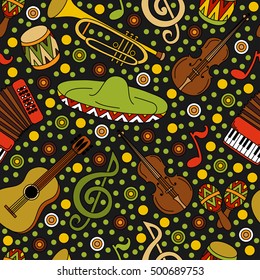 Cartoon hand-drawn latin american, mexican seamless pattern. Perfect funny vector background with musical instruments