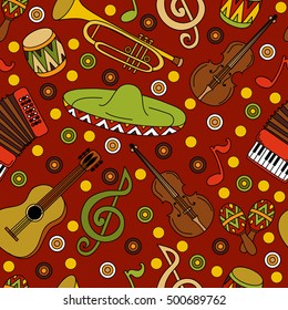 Cartoon hand-drawn latin american, mexican seamless pattern. Perfect funny vector background with musical instruments