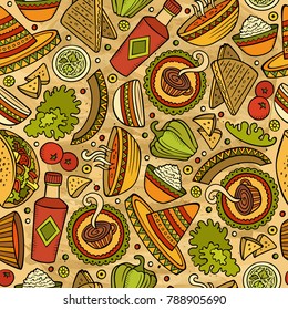Cartoon hand-drawn latin american, mexican food seamless pattern. Lots of symbols, objects and elements. Perfect funny vector background.