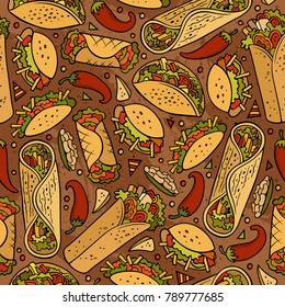 Cartoon hand-drawn latin american, mexican food seamless pattern. Lots of symbols, objects and elements. Perfect funny vector background.