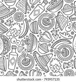 Cartoon hand-drawn latin american, mexican food seamless pattern. Lots of symbols, objects and elements. Perfect funny vector background.