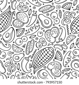 Cartoon hand-drawn latin american, mexican food seamless pattern. Lots of symbols, objects and elements. Perfect funny vector background.