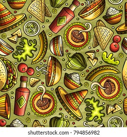 Cartoon hand-drawn latin american, mexican food seamless pattern. Lots of symbols, objects and elements. Perfect funny vector background.