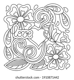 Cartoon hand-drawn Love pattern. Coloring book. Line art with hearts, flowers and leaves, butterfly, detailed black and white background. Template of a greeting card, coloring page.