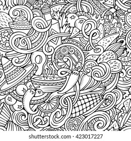 Cartoon hand-drawn mexican food doodles line art seamless pattern. Detailed, with lots of objects vector background