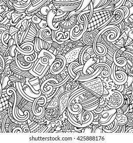 Cartoon hand-drawn mexican food doodles line art seamless pattern. Detailed, with lots of objects vector background