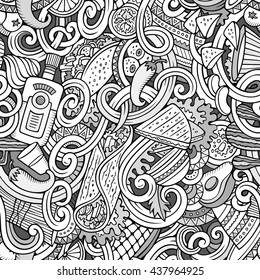 Cartoon hand-drawn mexican food doodles line art seamless pattern. Detailed, with lots of objects vector background