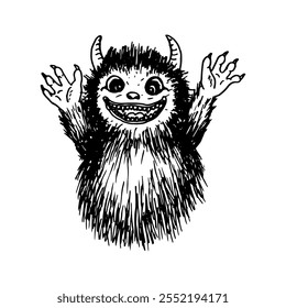 Cartoon hand-drawn monster, hairy body with two small horns, raising its hands.