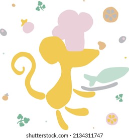 Cartoon hand-drawn mouse waiter serving fish, perfect for kids themed restaurants, school canteens and cafeterias, cafes, street restaurants, menu and interior decoration