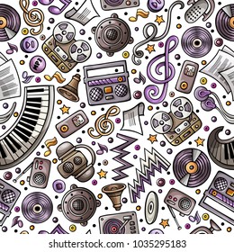 Cartoon hand-drawn musical instruments seamless pattern. Lots of music symbols, objects and elements. Perfect funny multicolored tile vector background.