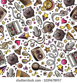 Cartoon hand-drawn musical instruments seamless pattern. Lots of music symbols, objects and elements. Perfect funny multicolored tile vector background.