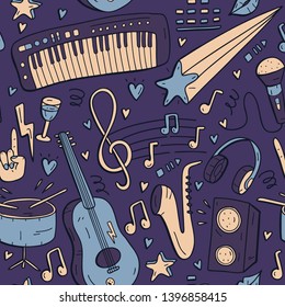 Cartoon hand-drawn musical instruments seamless pattern.Vector illustration.
