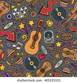 Cartoon hand-drawn musical instruments seamless pattern. Lots of music symbols, objects and elements. Perfect funny multicolored tile vector background. 