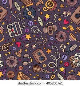 Cartoon hand-drawn musical instruments seamless pattern. Lots of music symbols, objects and elements. Perfect funny multicolored tile vector background. 