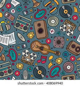 Cartoon hand-drawn musical instruments seamless pattern. Lots of music symbols, objects and elements. Perfect funny multicolored tile vector background.