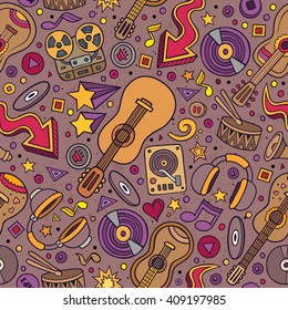 Cartoon hand-drawn musical instruments seamless pattern. Lots of music symbols, objects and elements. Perfect funny multicolored tile vector background.