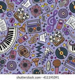 Cartoon hand-drawn musical instruments seamless pattern. Lots of music symbols, objects and elements. Perfect funny multicolored tile vector background.