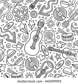 Cartoon hand-drawn musical instruments seamless pattern. Lots of music symbols, objects and elements. Perfect funny sketchy tile vector background.