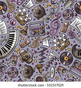 Cartoon hand-drawn musical instruments seamless pattern. Lots of music symbols, objects and elements. Perfect funny multicolored tile vector background.