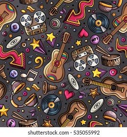 Cartoon hand-drawn musical instruments seamless pattern. Lots of music symbols, objects and elements. Perfect funny multicolored tile vector background.