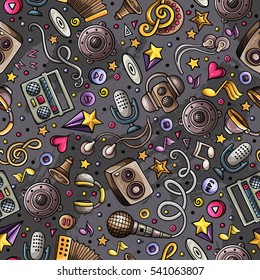 Cartoon hand-drawn musical instruments seamless pattern. Lots of music symbols, objects and elements. Perfect funny multicolored tile vector background.