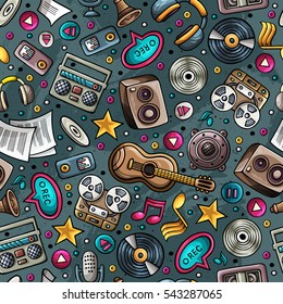 Cartoon hand-drawn musical instruments seamless pattern. Lots of music symbols, objects and elements. Perfect funny multicolored tile vector background.