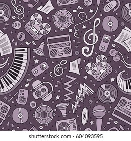 Cartoon hand-drawn musical instruments seamless pattern. Lots of music symbols, objects and elements. Perfect funny toned tile vector background.