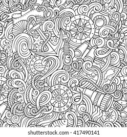 Cartoon hand-drawn nautical doodles seamless pattern. Detailed line art, with lots of objects vector background