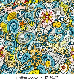 Cartoon hand-drawn nautical doodles seamless pattern. Detailed, with lots of objects vector background