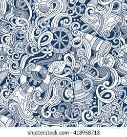 Cartoon hand-drawn nautical doodles seamless pattern. Detailed line art, with lots of objects vector background