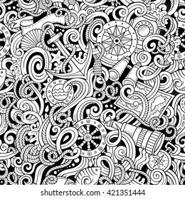 Cartoon hand-drawn nautical doodles seamless pattern. Detailed line art, with lots of objects vector background