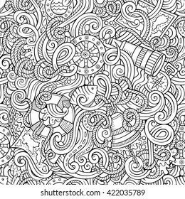 Cartoon hand-drawn nautical doodles seamless pattern. Detailed line art, with lots of objects vector background