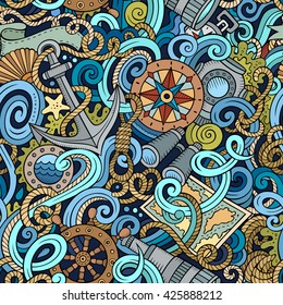Cartoon hand-drawn nautical doodles seamless pattern. Detailed, with lots of objects vector background