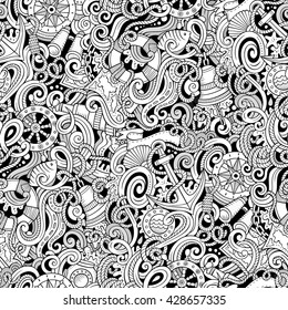 Cartoon hand-drawn nautical doodles seamless pattern. Detailed line art, with lots of objects vector background