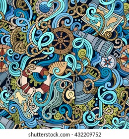 Cartoon hand-drawn nautical doodles seamless pattern. Detailed, with lots of objects vector background