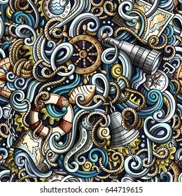 Cartoon hand-drawn nautical doodles seamless pattern. Detailed, with lots of objects vector background