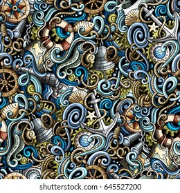 Cartoon hand-drawn nautical doodles seamless pattern. Detailed, with lots of objects vector background