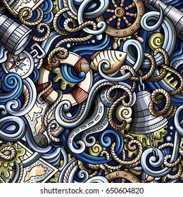 Cartoon hand-drawn nautical doodles seamless pattern. Detailed, with lots of objects vector background