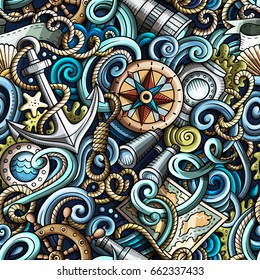 Cartoon hand-drawn nautical doodles seamless pattern. Detailed, with lots of objects vector background