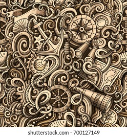 Cartoon hand-drawn nautical doodles seamless pattern. Detailed, with lots of objects vector background