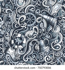 Cartoon hand-drawn nautical doodles seamless pattern. Detailed, with lots of objects vector background