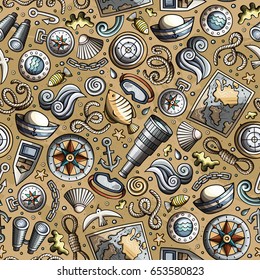 Cartoon hand-drawn nautical marine seamless pattern. Colorful detailed, with lots of objects funny vector background