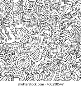 Cartoon hand-drawn picnic doodles line art seamless pattern. Detailed, with lots of objects vector background