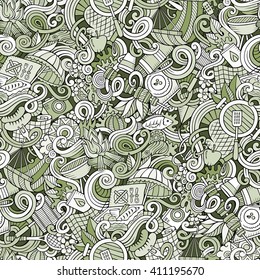 Cartoon hand-drawn picnic doodles line art seamless pattern. Detailed, with lots of objects vector background
