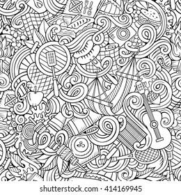 Cartoon hand-drawn picnic doodles line art seamless pattern. Detailed, with lots of objects vector background