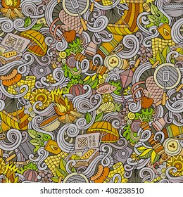 Cartoon hand-drawn picnic doodles seamless pattern. Detailed, with lots of objects vector background