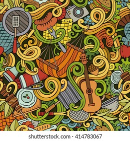 Cartoon hand-drawn picnic doodles seamless pattern. Detailed, with lots of objects vector background