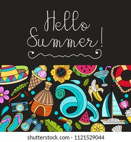 Cartoon hand-drawn poster consisting of individual elements. Summer, rest, sea, rest. Vector illustration.