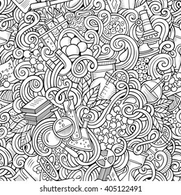 Cartoon hand-drawn science doodles seamless pattern. Line art detailed, with lots of objects vector background